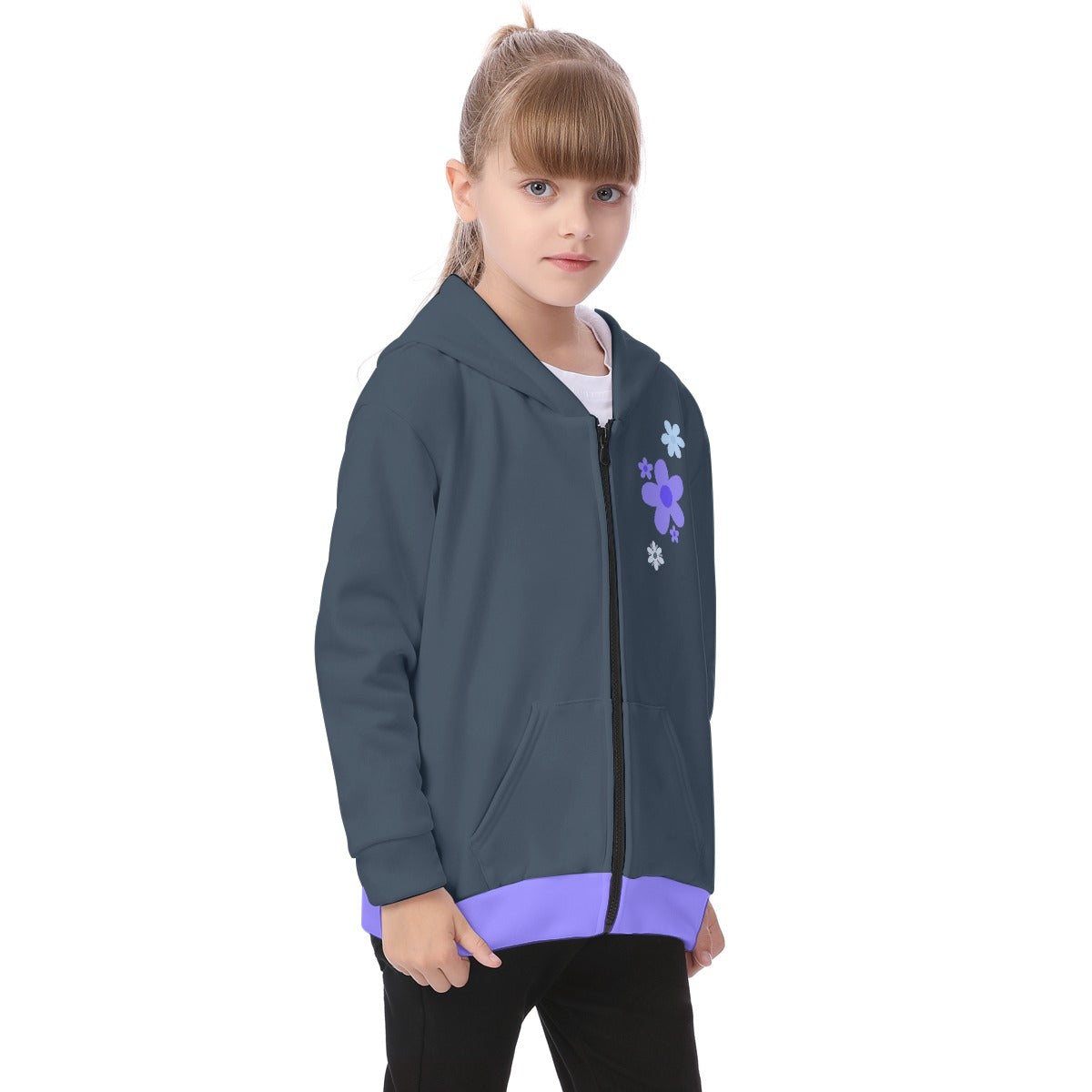 Kid's Blue Flowers Fleece Zip-Up Hoodie