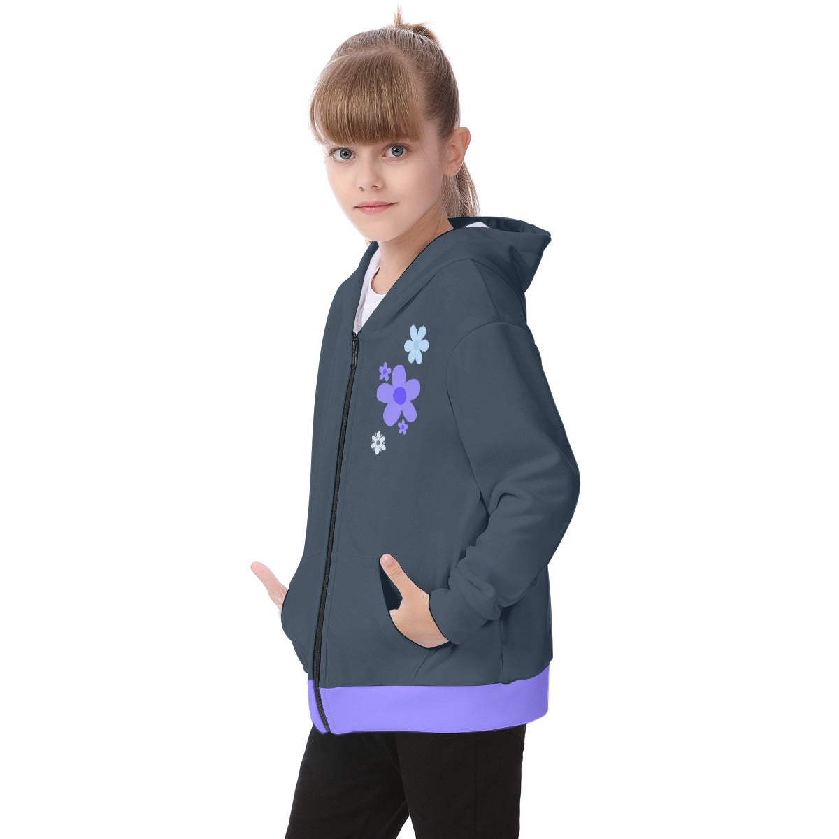 Kid's Blue Flowers Fleece Zip-Up Hoodie