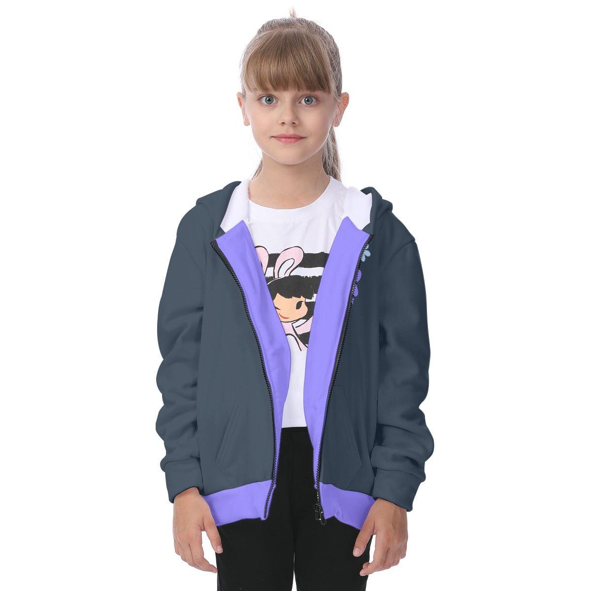 Kid's Blue Flowers Fleece Zip-Up Hoodie